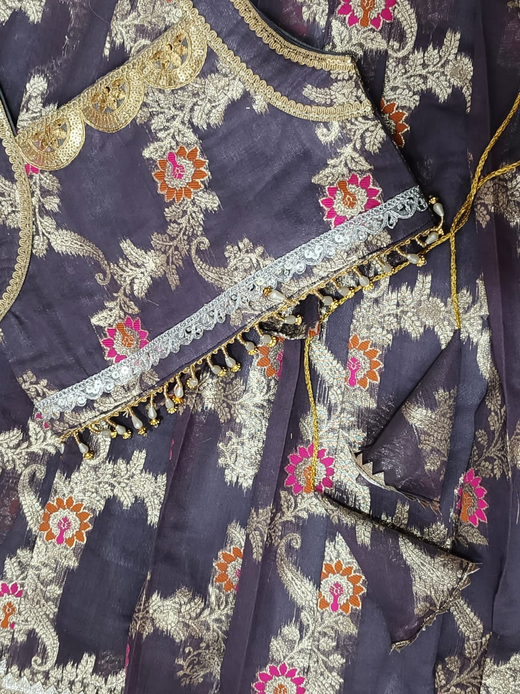 Girl Grey Banarsi Sleeveless Baby Lehnga