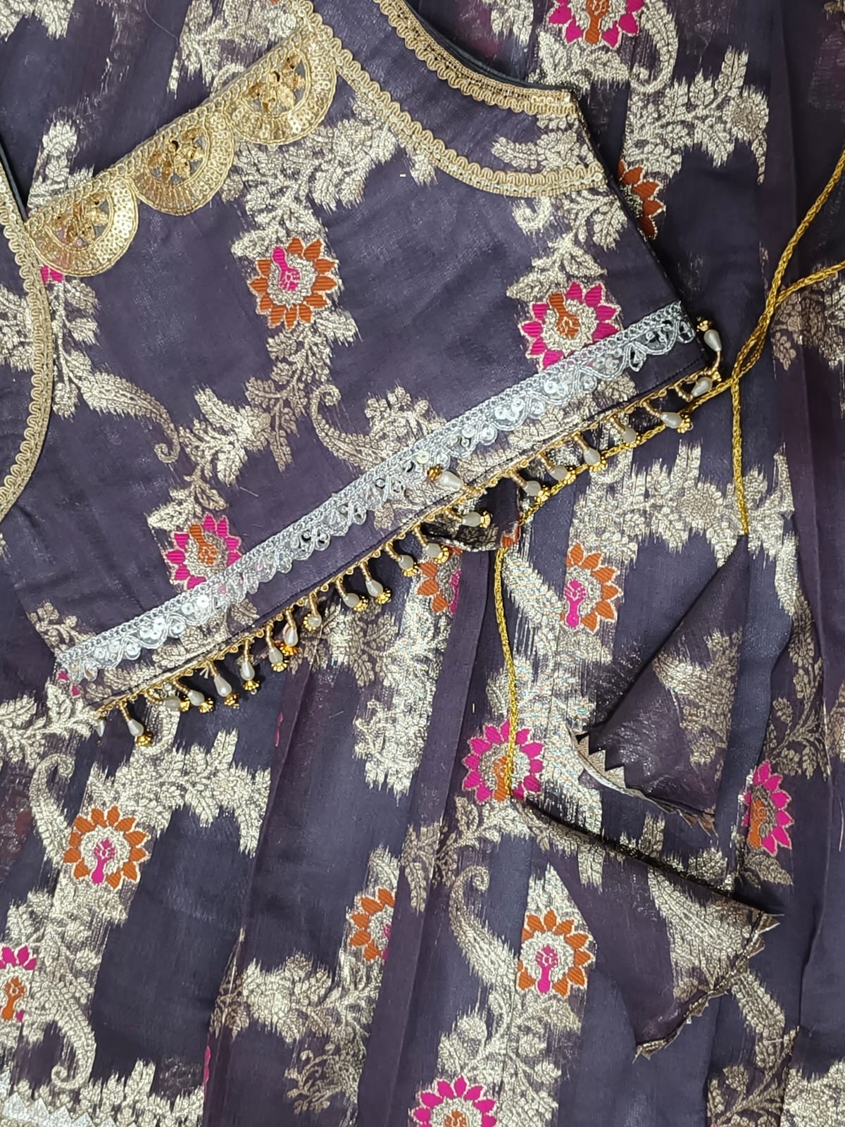 Girl Grey Banarsi Sleeveless Baby Lehnga