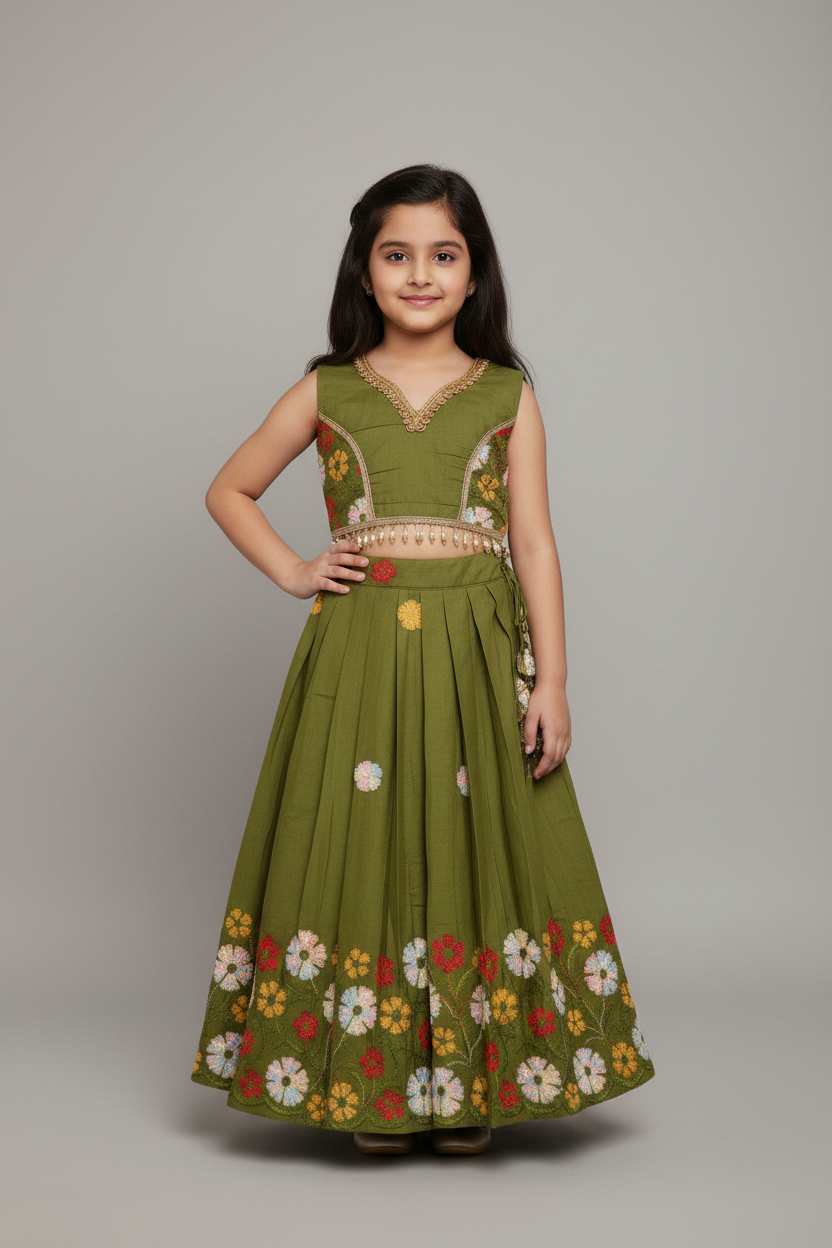 Girls Green Embroidered Cotton Lehnga
