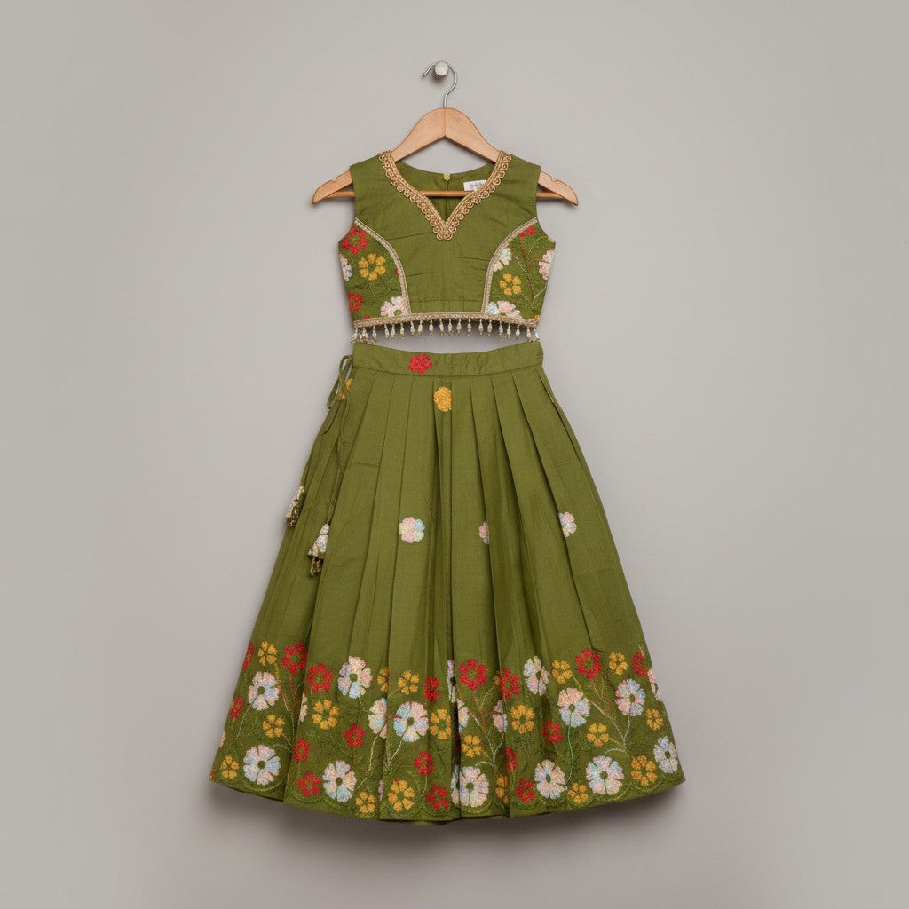 Girls Green Embroidered Cotton Lehnga