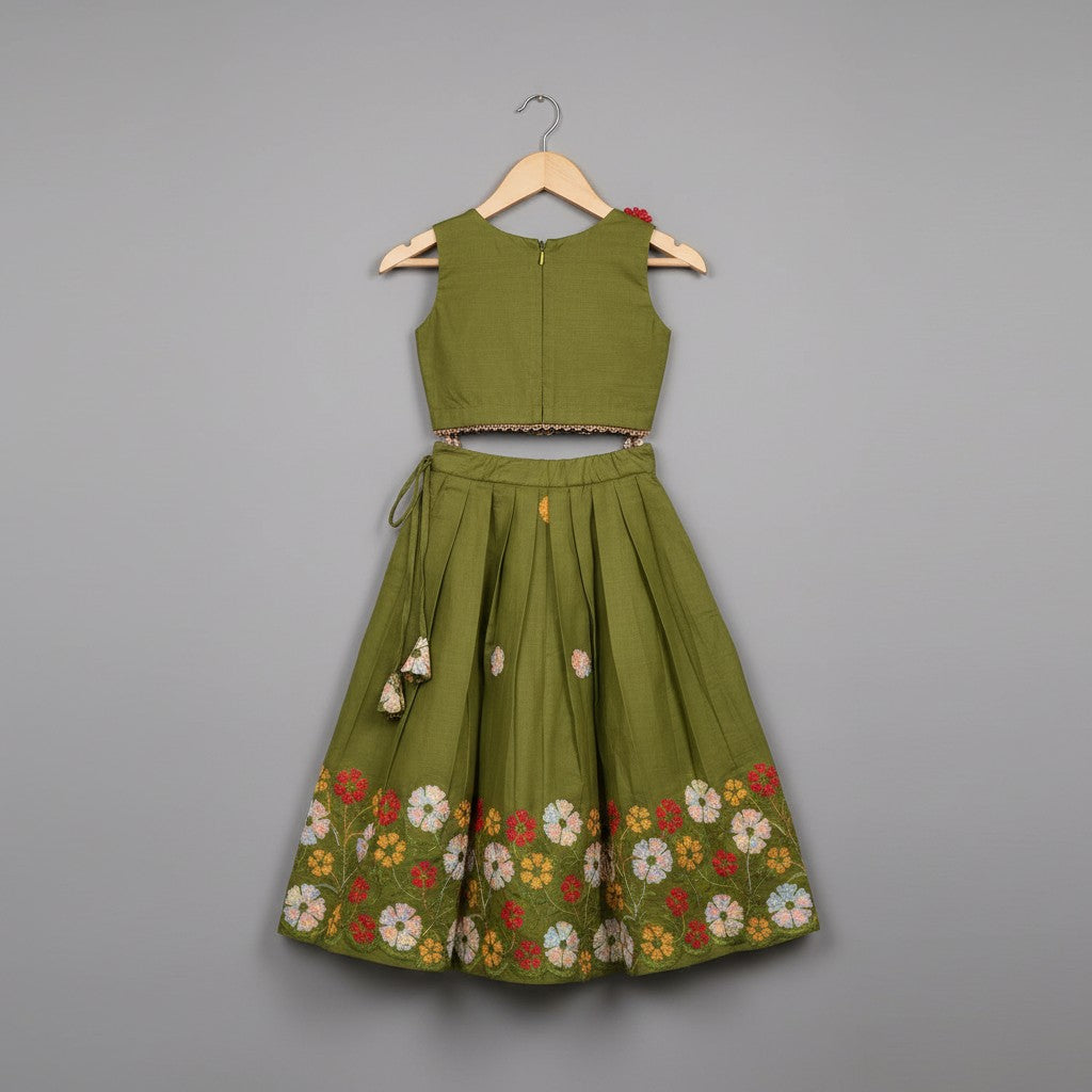 Girls Green Embroidered Cotton Lehnga