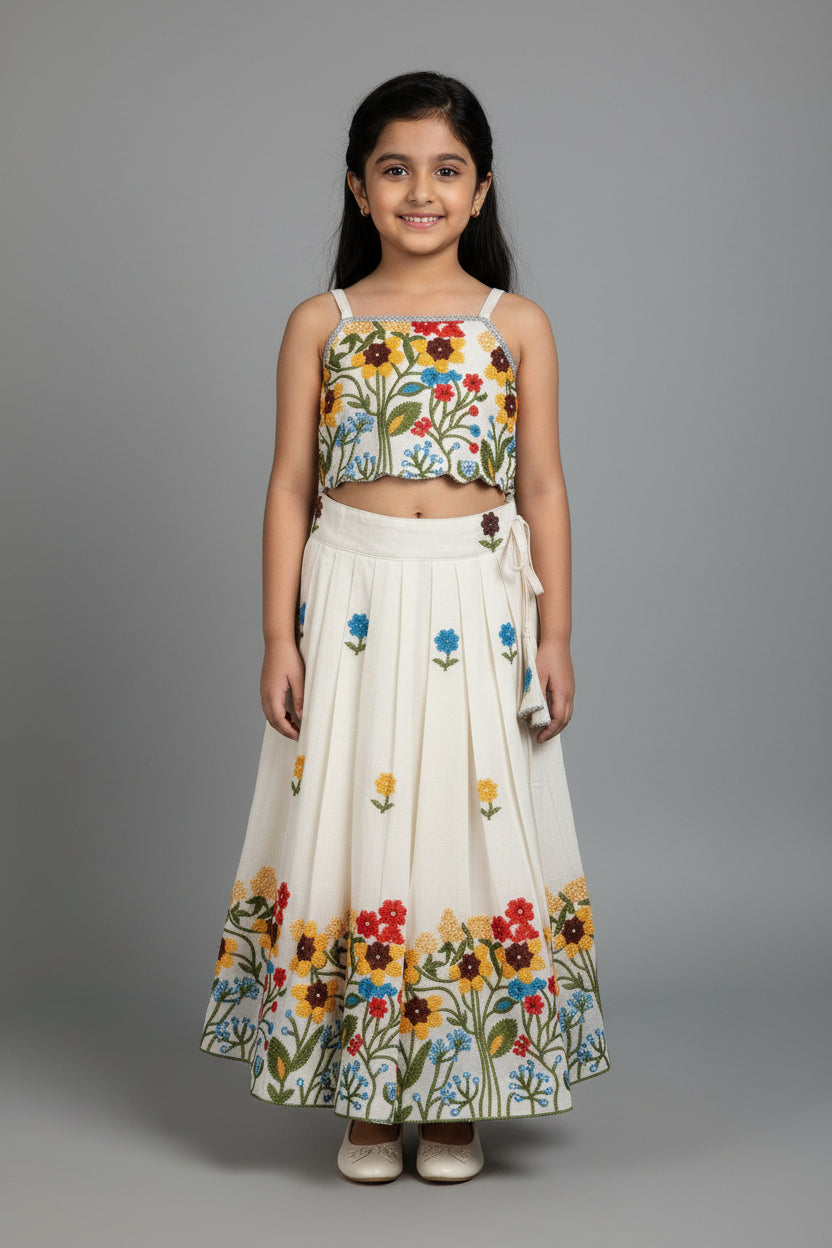 Girls Cream Pure Cotton Embroidered Lehnga