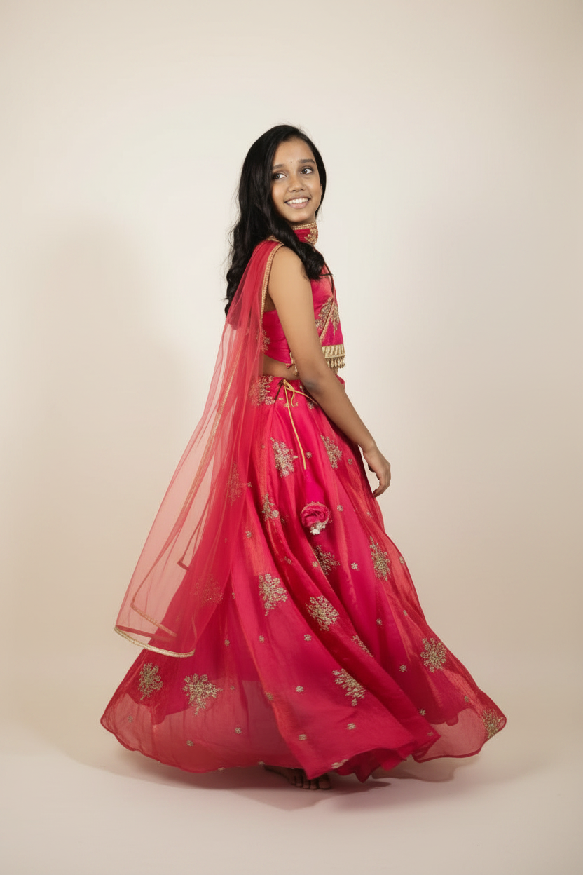 A young girl modeling a bright pink traditional Indian lehenga choli with gold floral embroidery and a matching sheer dupatta, standing against a plain beige studio background.