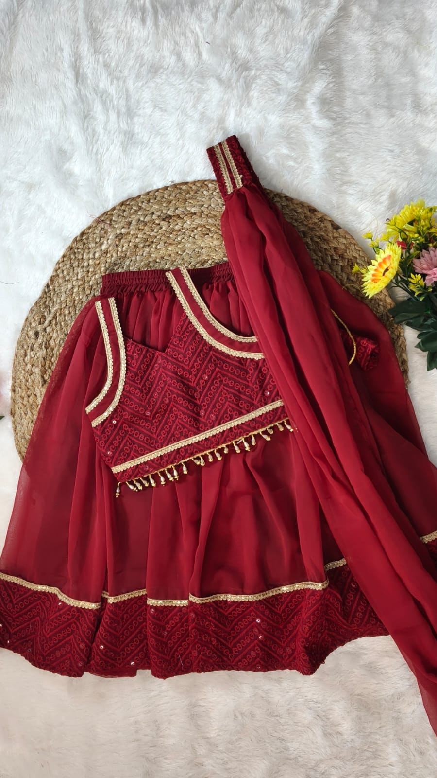 Girls Maroon Georgette Embroidered Lehnga