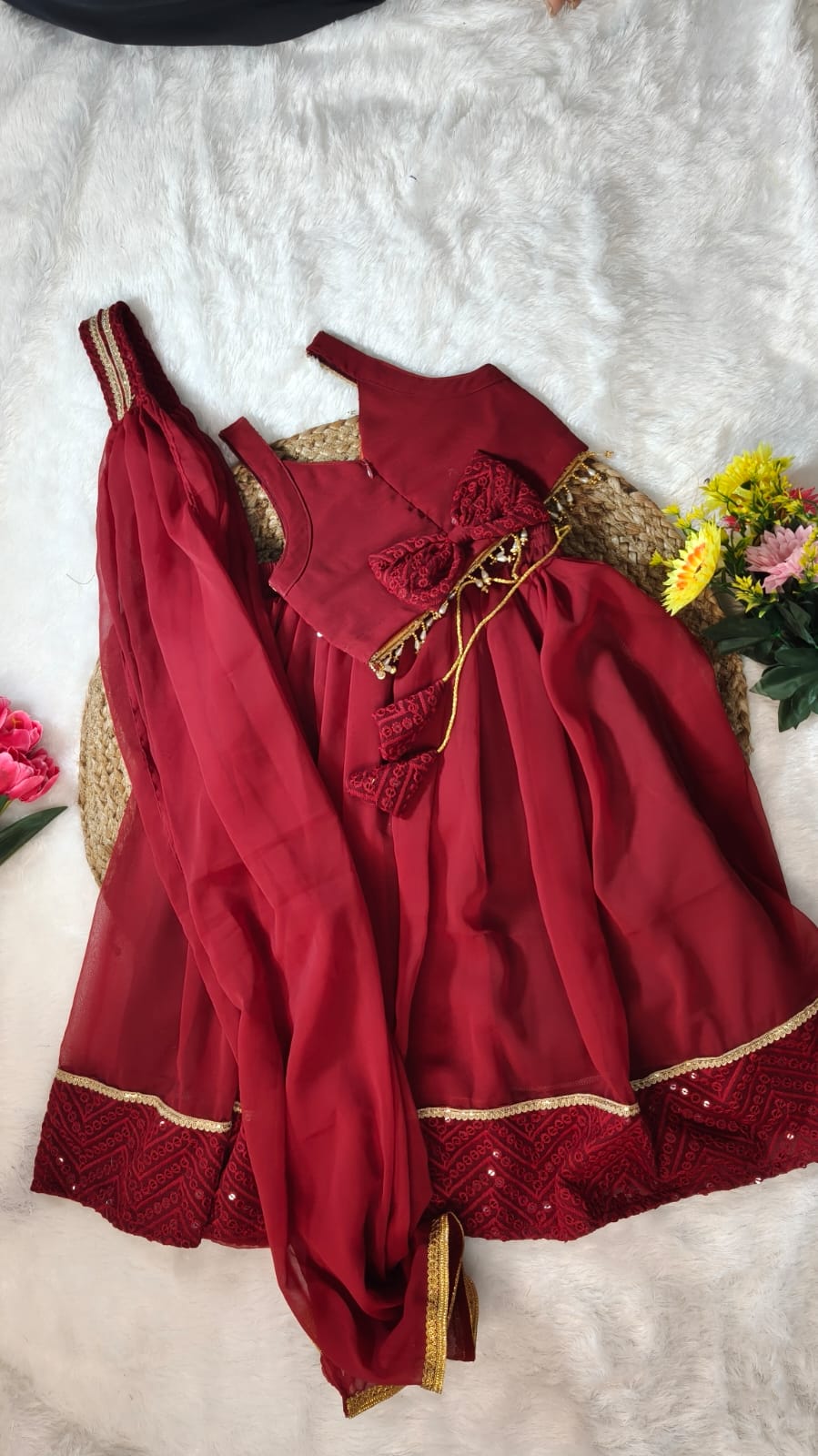 Girls Maroon Georgette Embroidered Lehnga With Dupatta