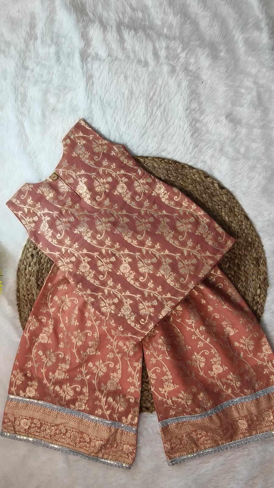 Girls Peach BanarsiTop and Bottom With Cotton Lining