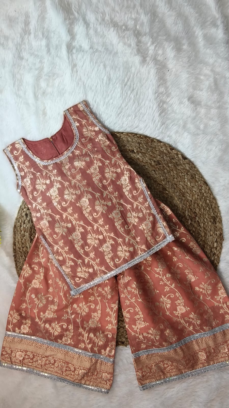 Girls Peach BanarsiTop and Bottom With Cotton Lining