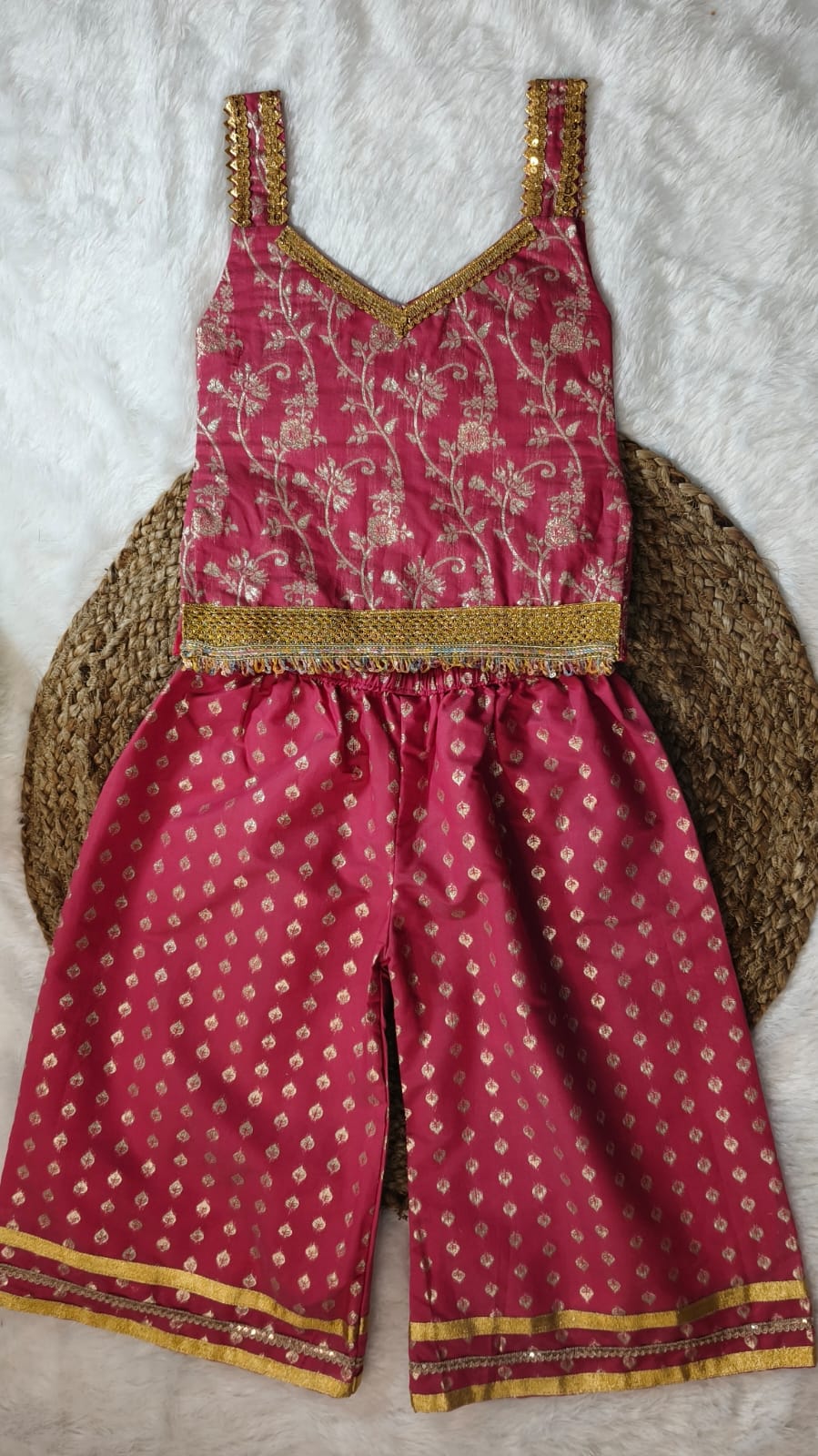 Girls Pink  Banarsi Top and Bottom With Cotton Lining