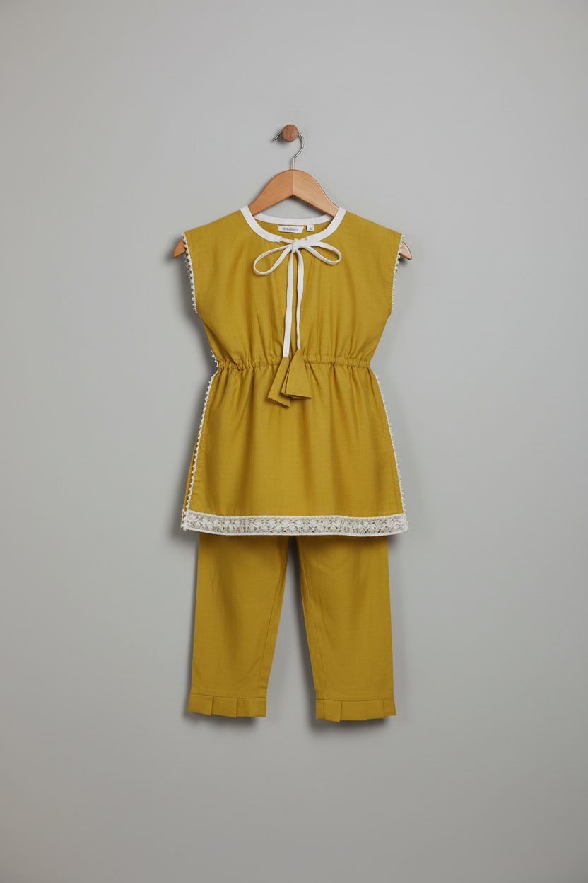 Girls Mustard Yellow Cotton viscose Kurti & Pant Set with Lace Detail
