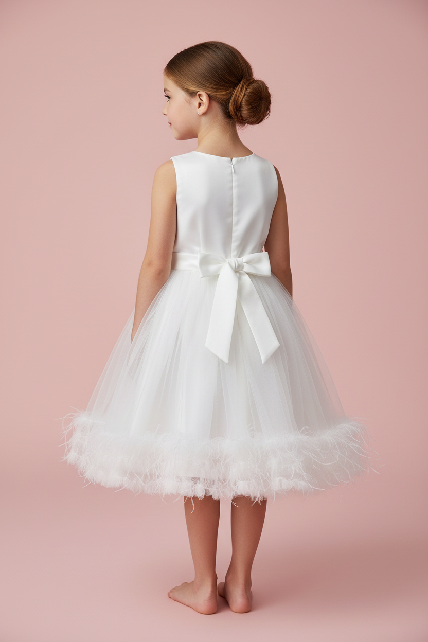 Young girl wearing a white dress with a bow on a pink background
