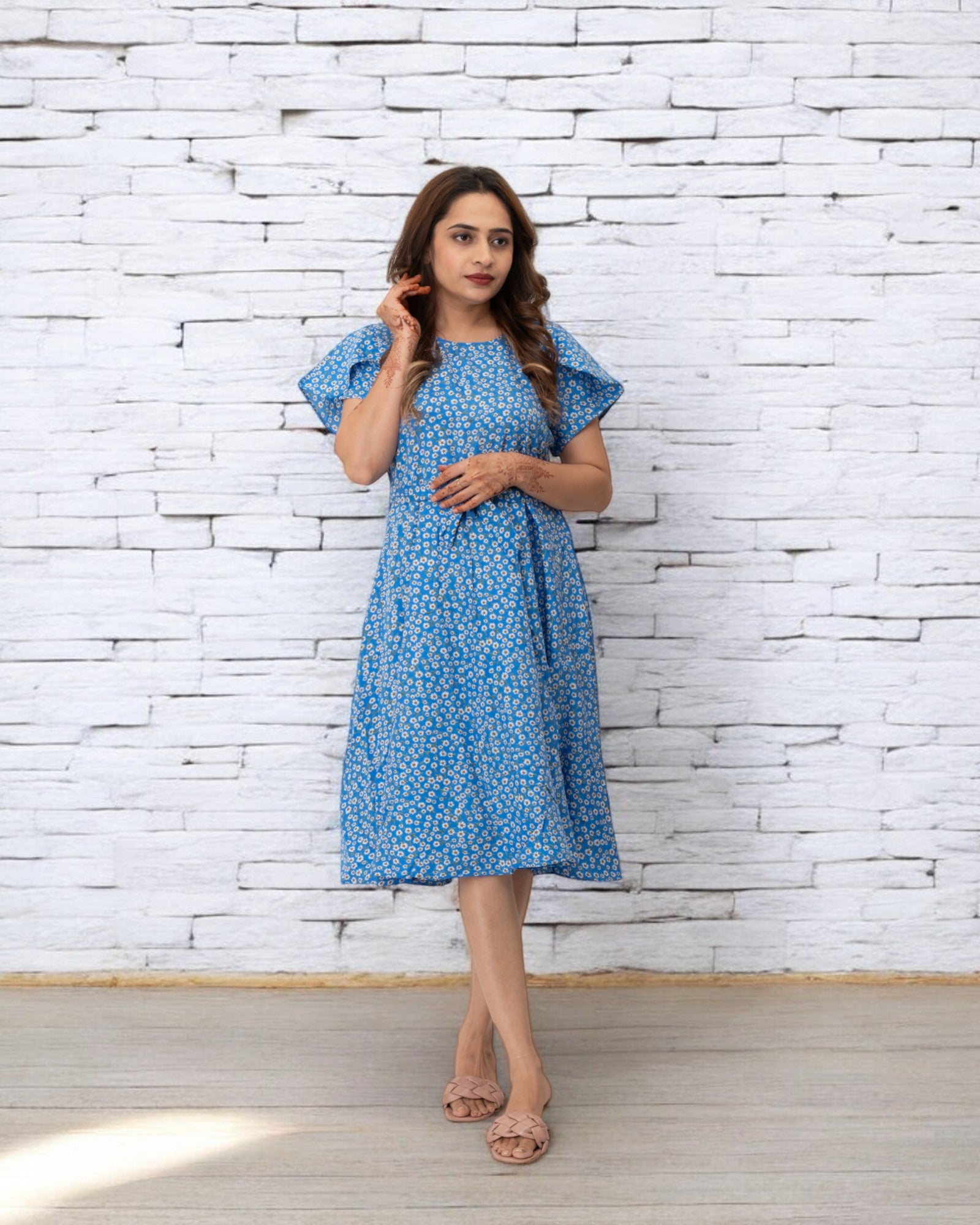 Blue Polka Dots Printed Polyester Midi Dress