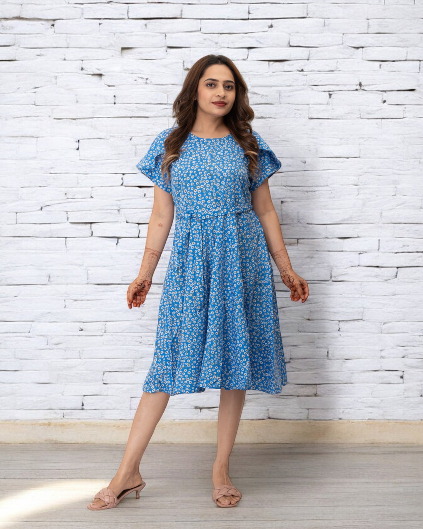 Blue Polka Dots Printed Polyester Midi Dress