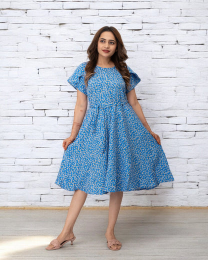 Blue Polka Dots Printed Polyester Midi Dress