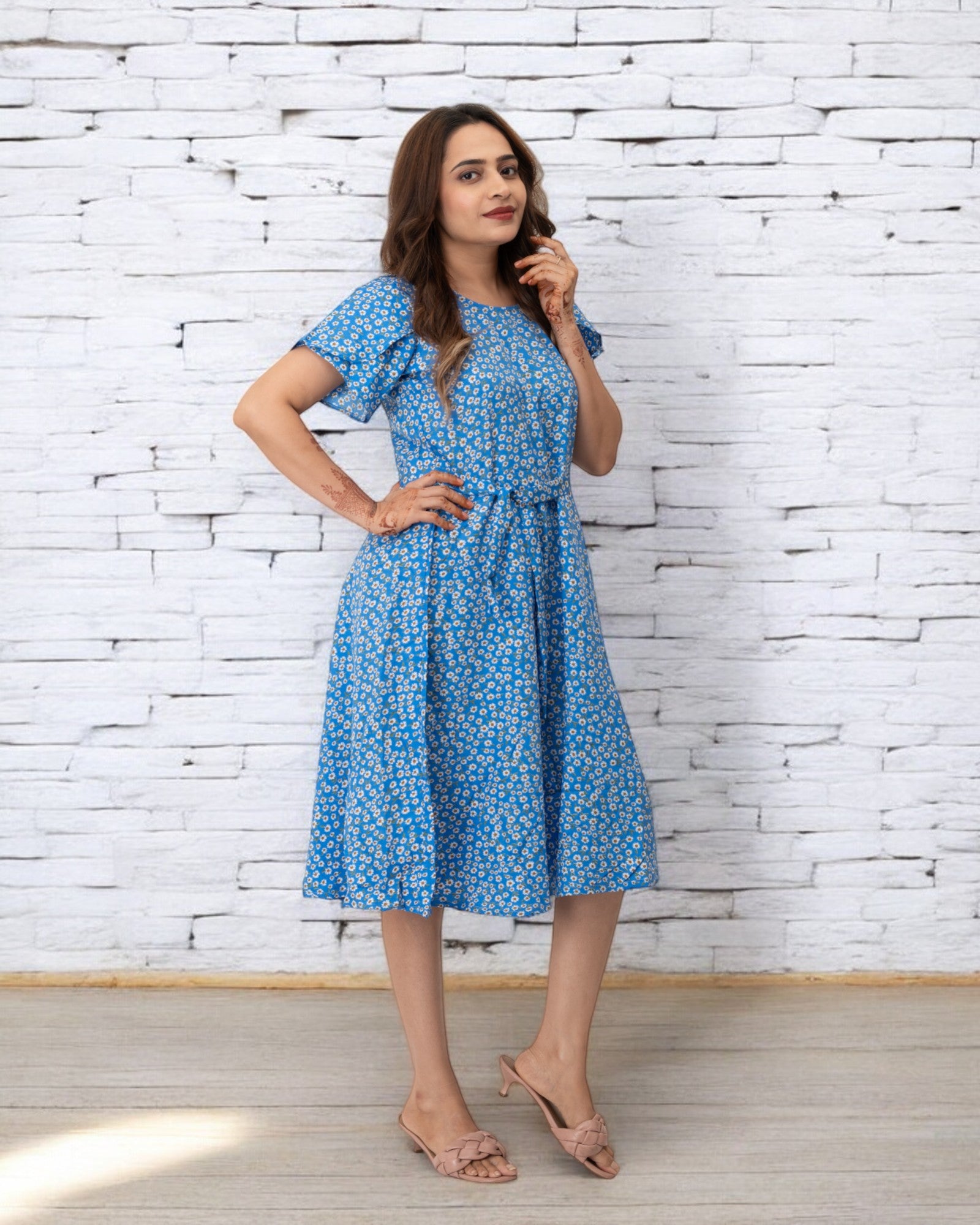 Blue Polka Dots Printed Polyester Midi Dress