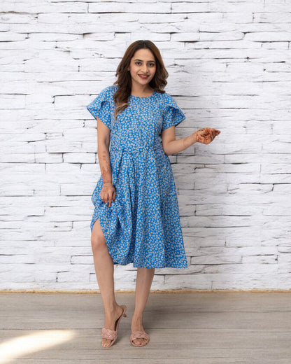 Blue Polka Dots Printed Polyester Midi Dress