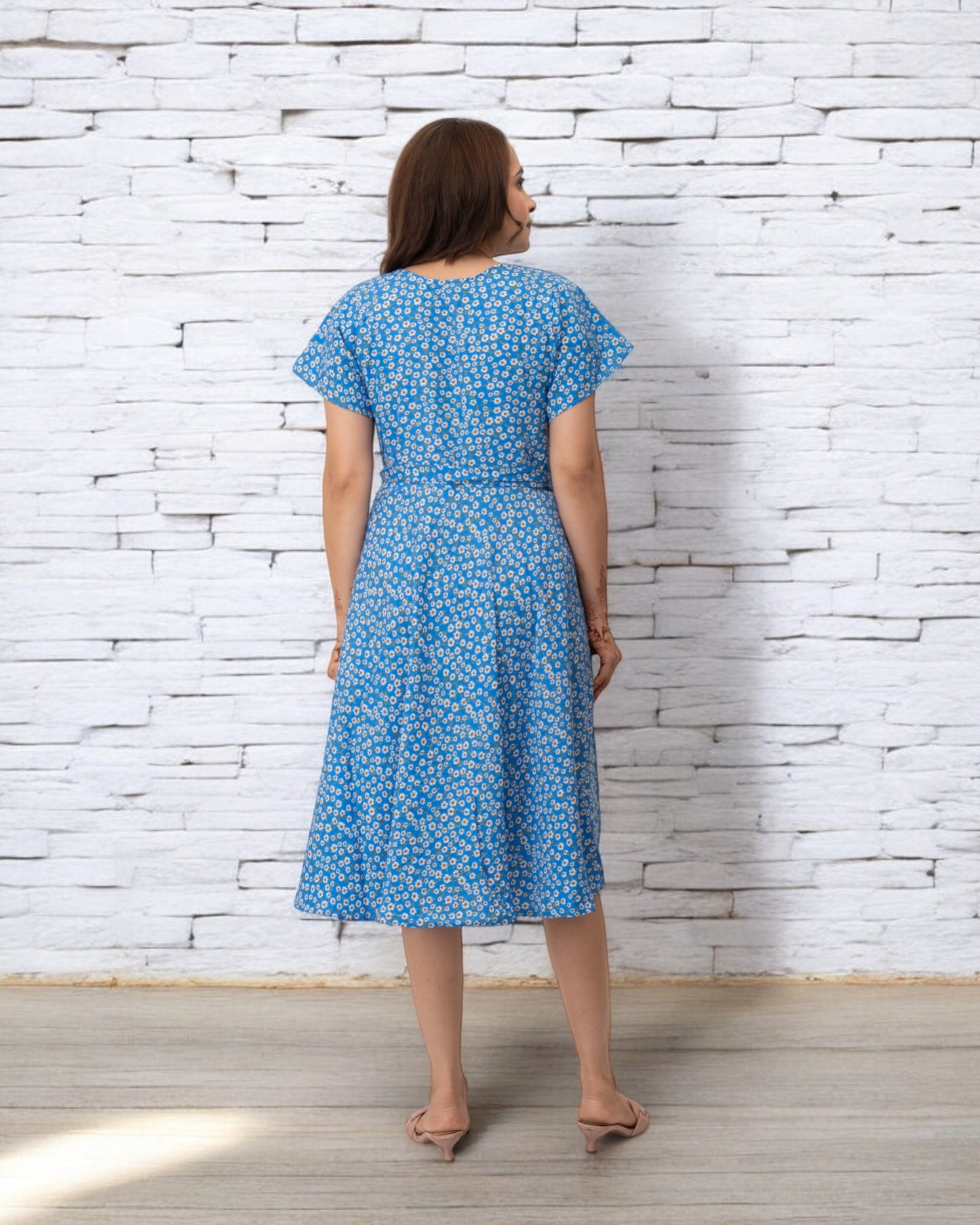 Blue Polka Dots Printed Polyester Midi Dress