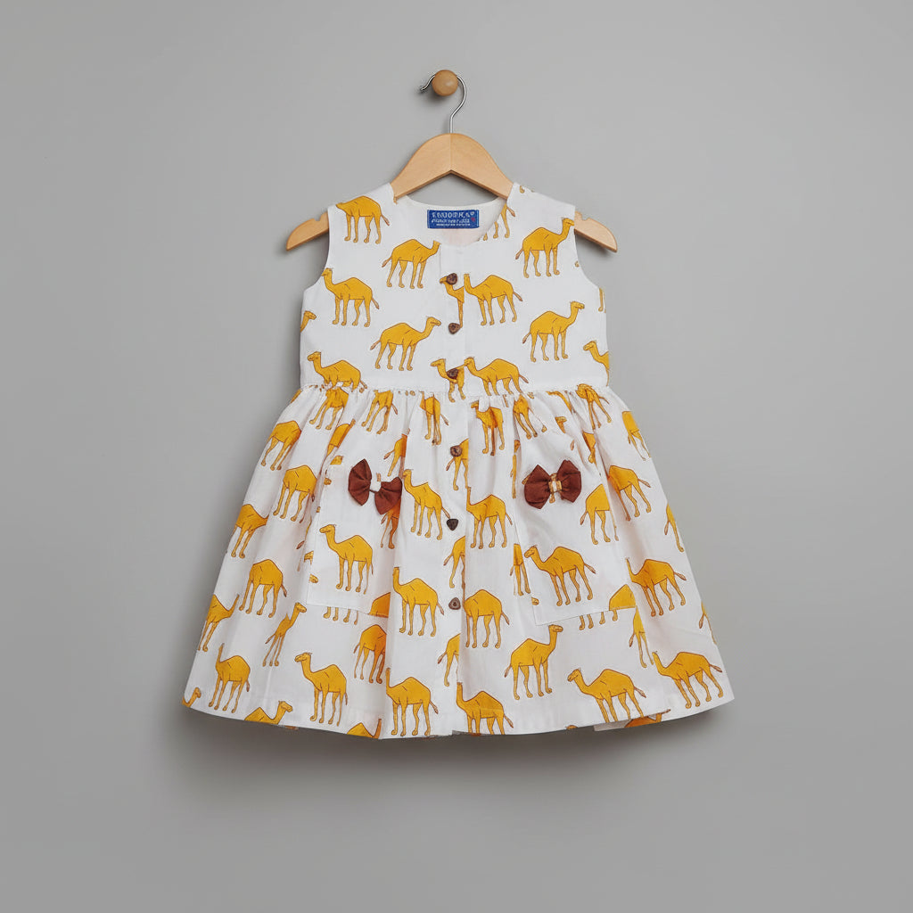 Girls White Camel Print Cotton Dress with Bow Detail