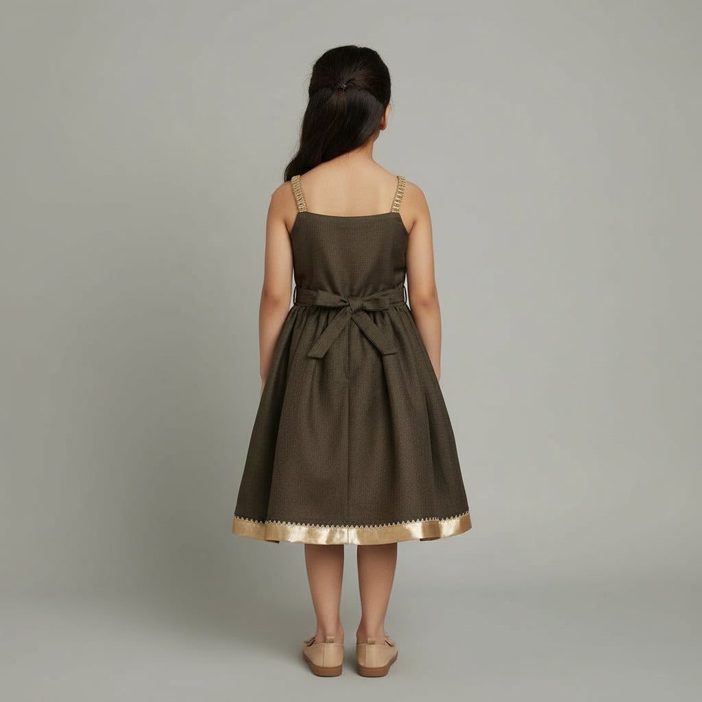 Girls Dark Green Silk Party Wear Dress with Floral Applique