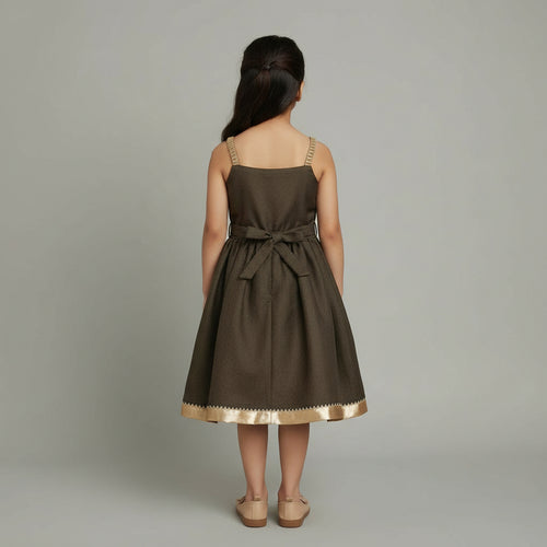 Girls Dark Green Silk Party Wear Dress with Floral Applique