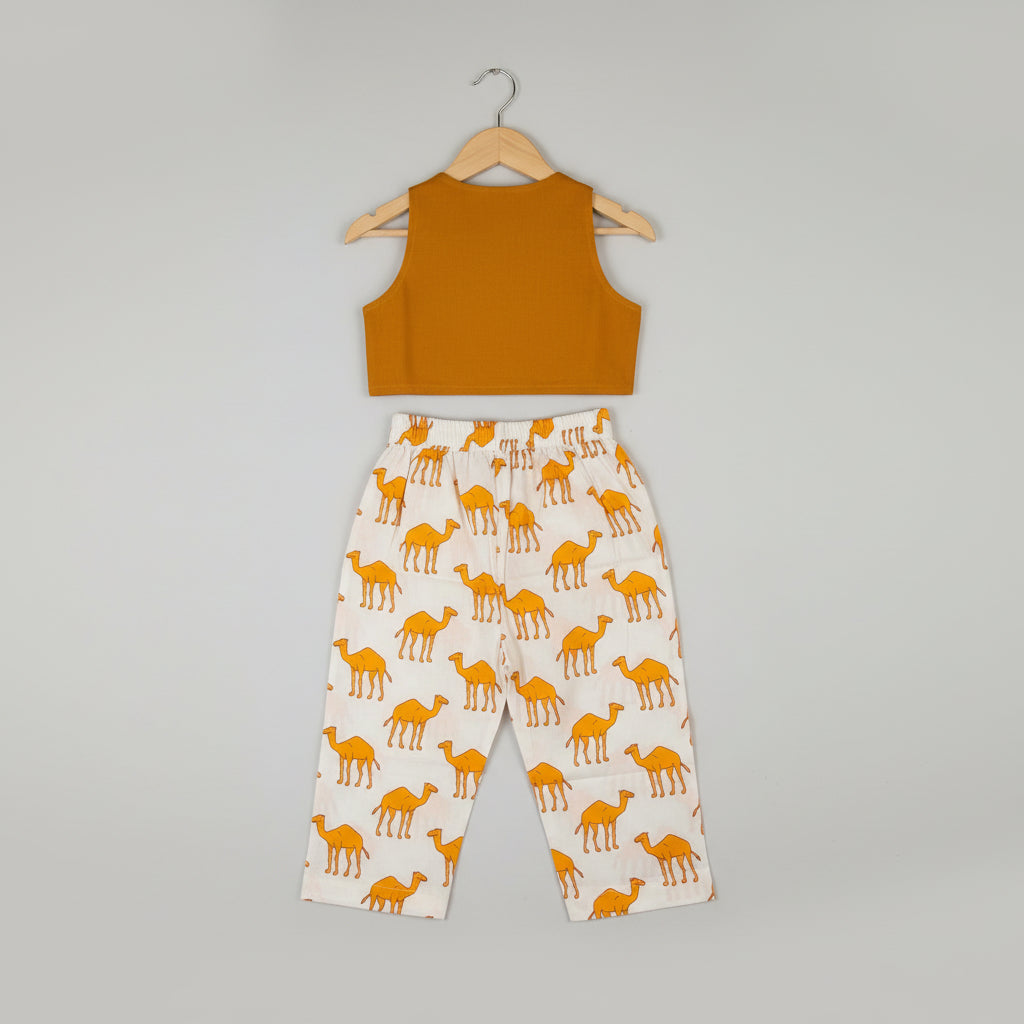 Girls Mustard Cotton Crop Top & Printed Palazzo Co-ord Set