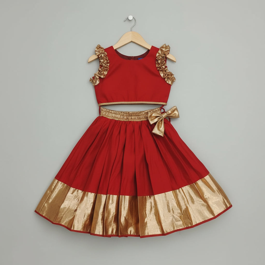 Girls Red & Gold Silk Lehenga Choli Set