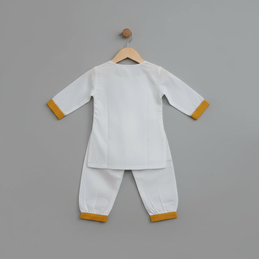 Girls White Pure Cotton Handcrafted Kurta Pant Set with Goddess Laxmi Print