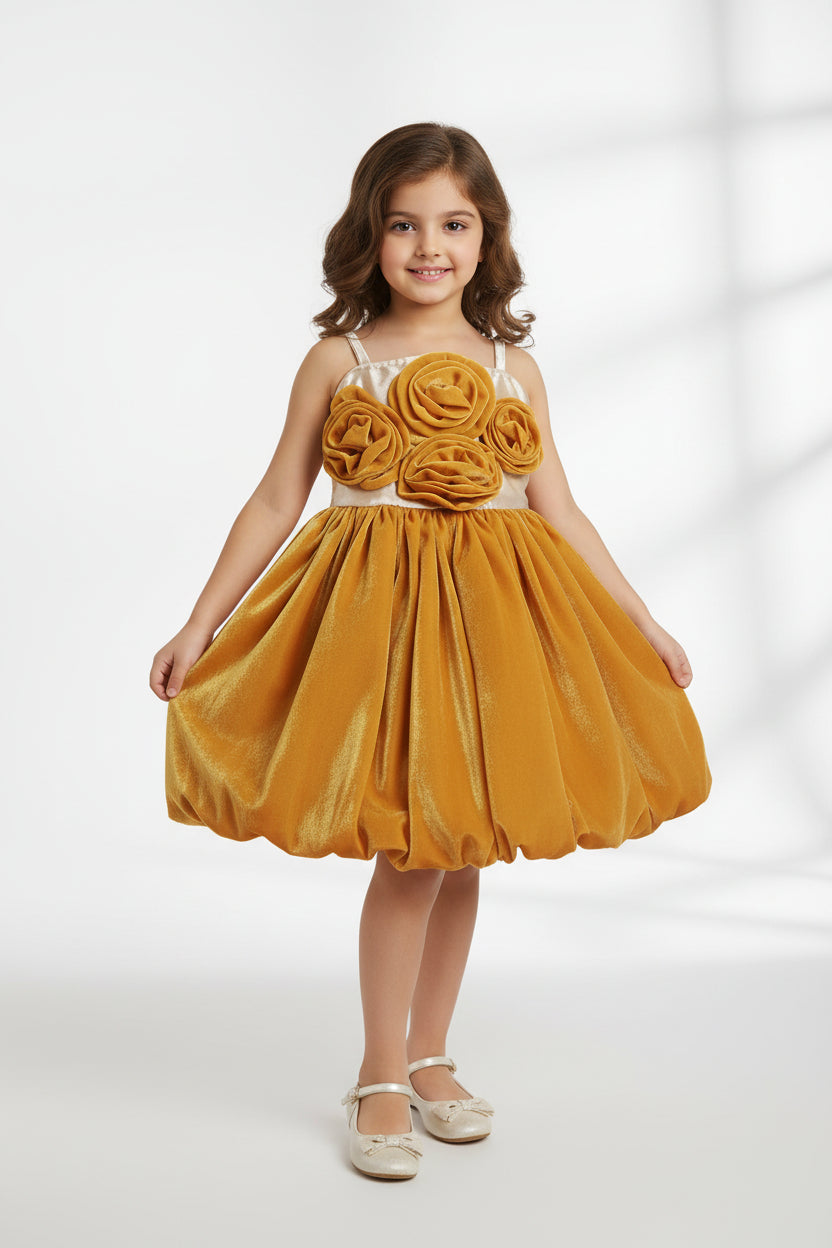 Girls Mustard Fendi Party Wear Dress with Floral Applique