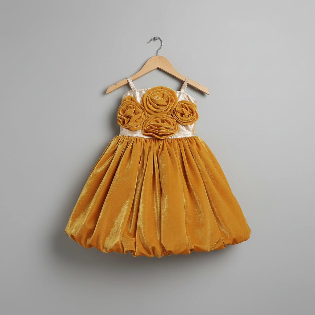 Girls Mustard Fendi Party Wear Dress with Floral Applique