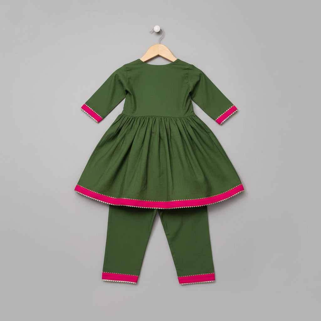 Girls Green Cotton Viscose Angrakha Kurta Set