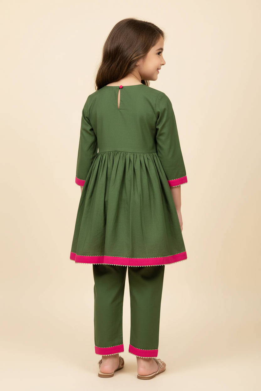 Girls Green Cotton Viscose Angrakha Kurta Set