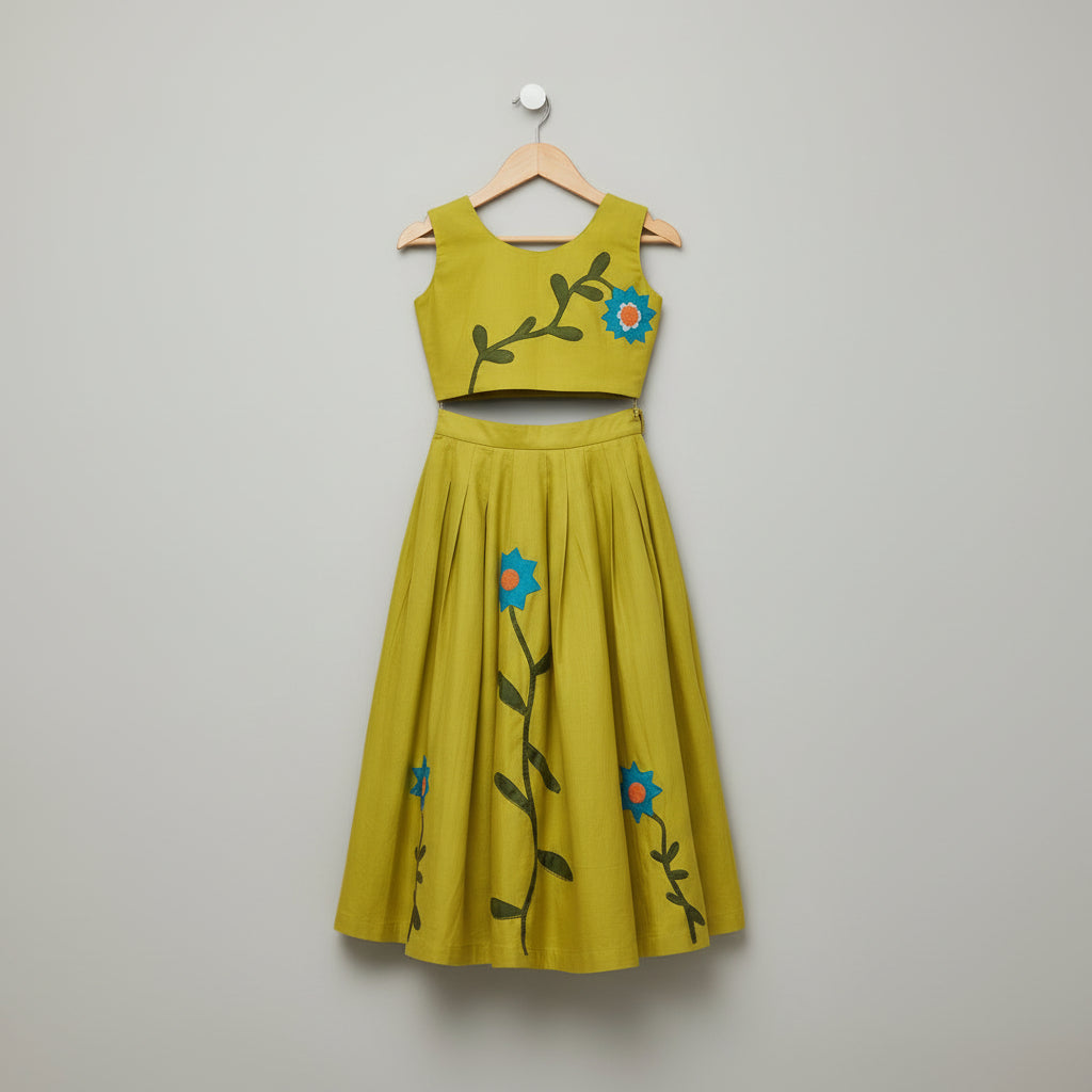 Girls Mustard Cotton Viscose Floral Lehenga Set