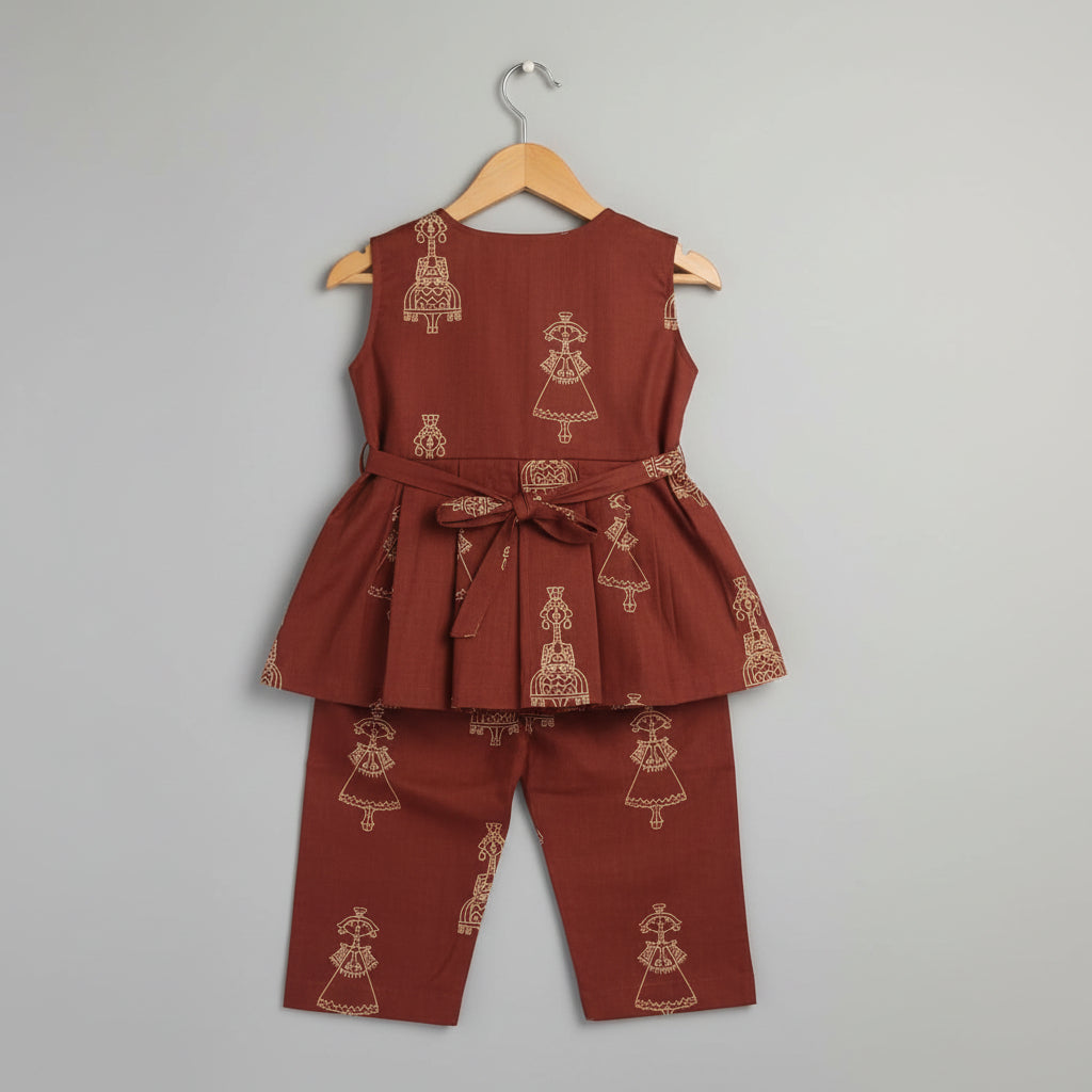 Girls Brown Printed Cotton Peplum Top & Pant Co-ord Set
