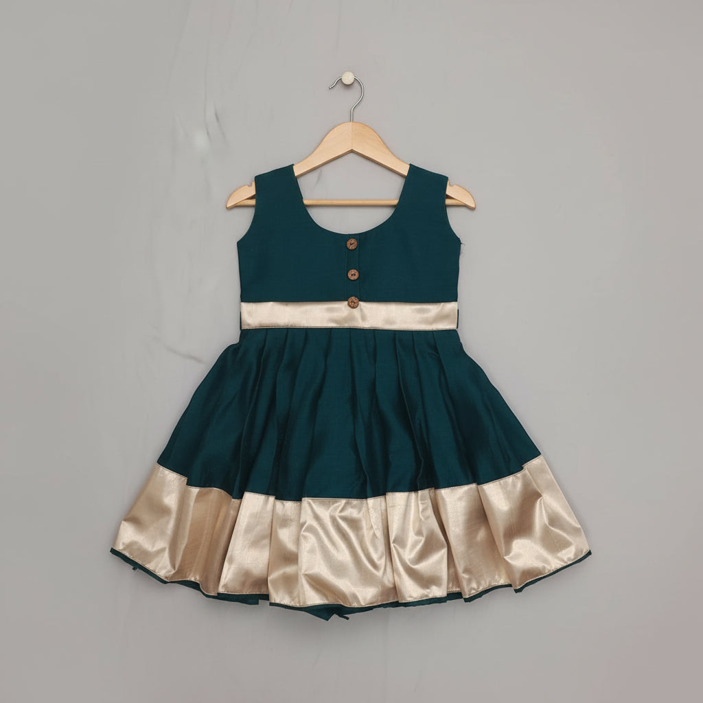 Girls Teal Vichitra Silk Party Dress with Gold Border