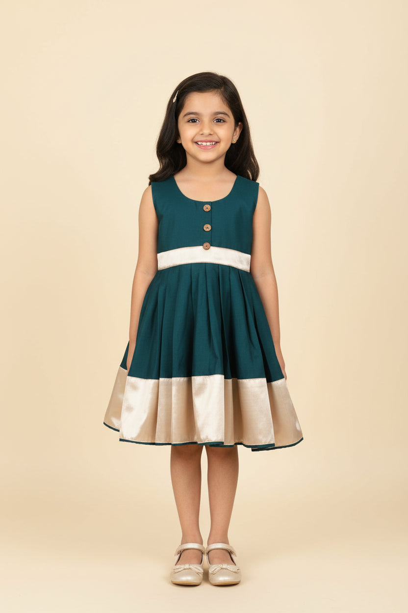 Girls Teal Vichitra Silk Party Dress with Gold Border