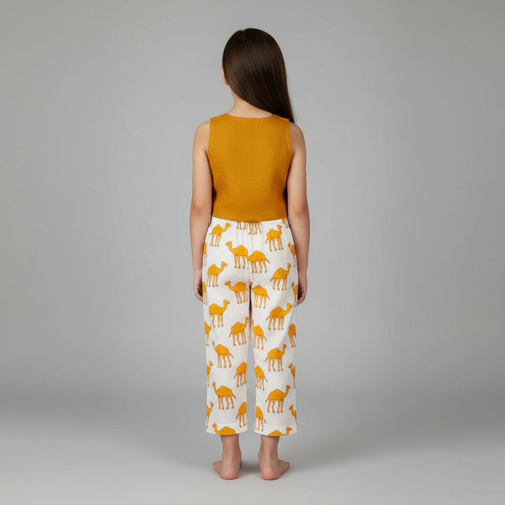Girls Mustard Cotton Crop Top & Printed Palazzo Co-ord Set