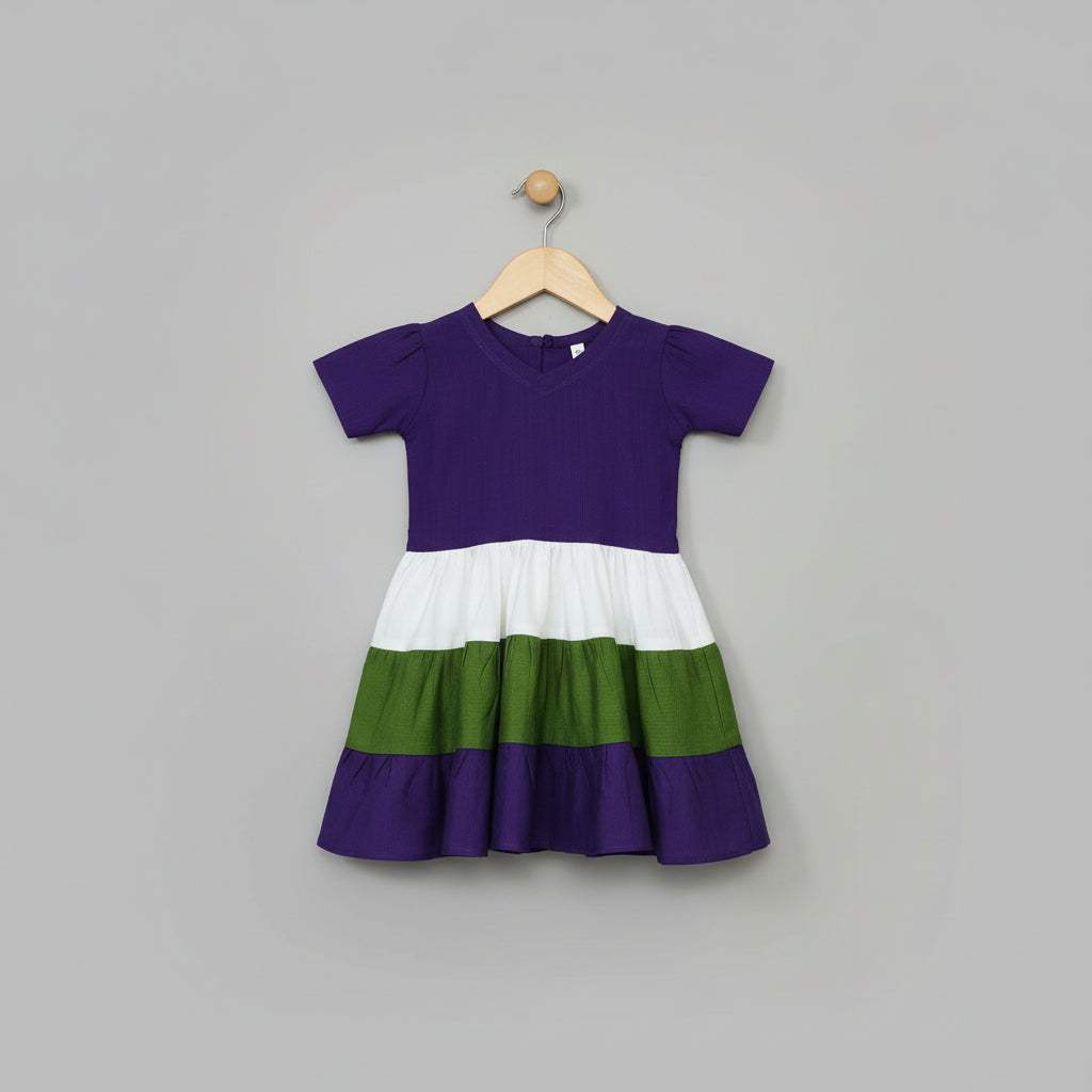 Girls Purple Tiered Cotton Viscose Dress with Floral Applique