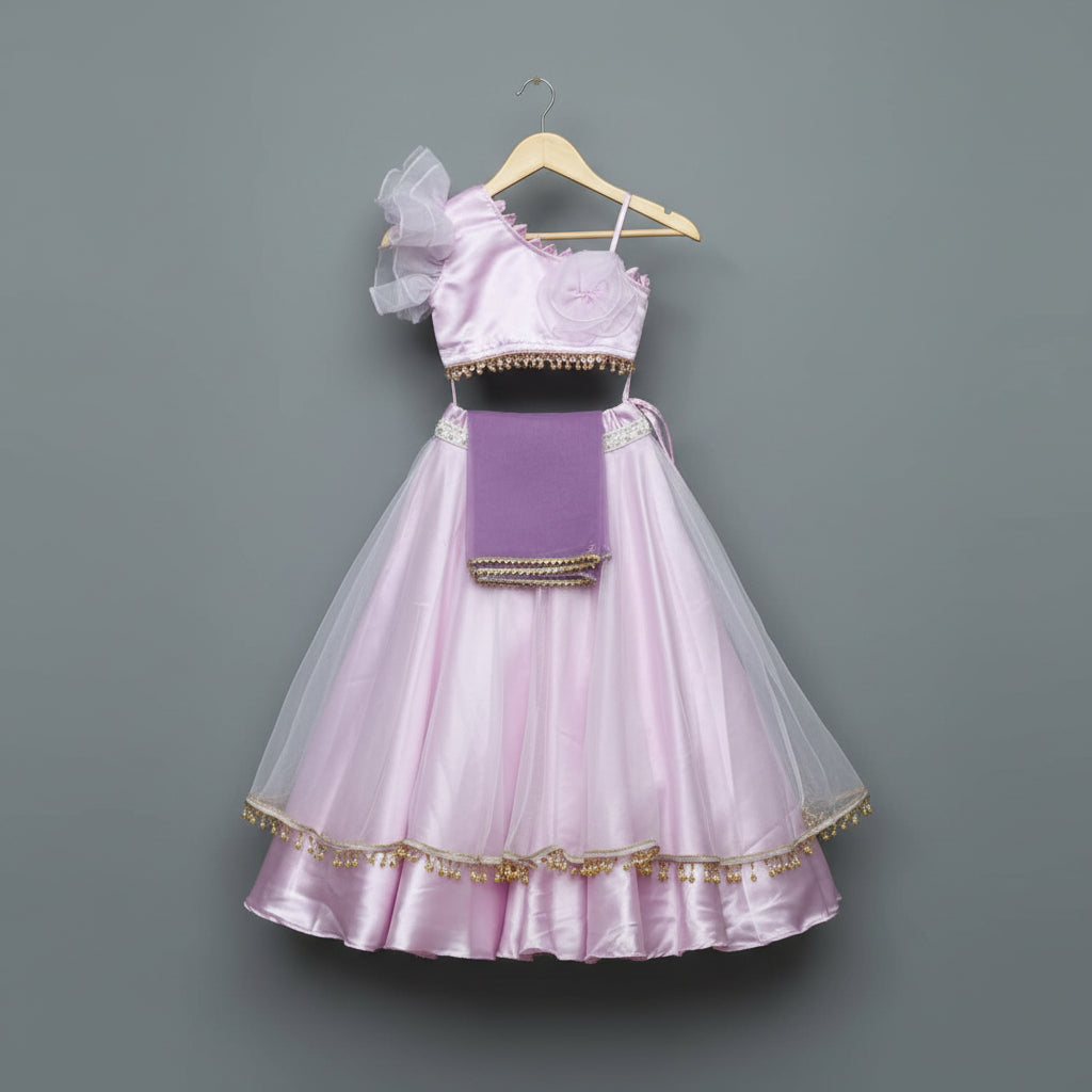Girls Blush Pink Satin & Organza Lehenga Choli Set