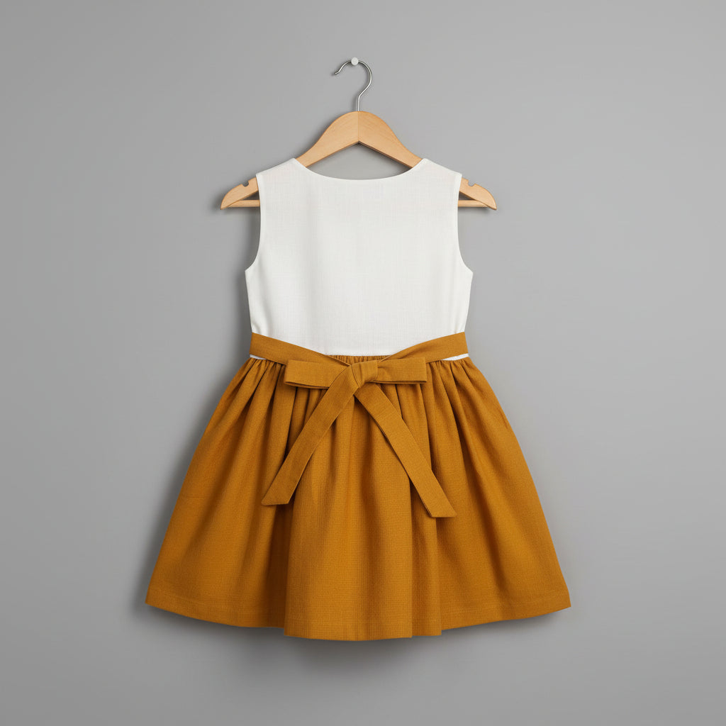 Girls White & Mustard Sleeveless Frock  Soft Shiny Cotton viscose