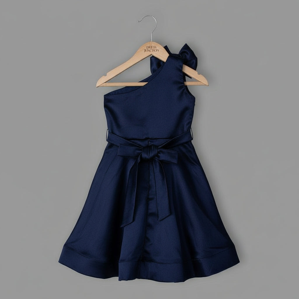 Navy Blue One-Shoulder Satin Party Dress for Girls