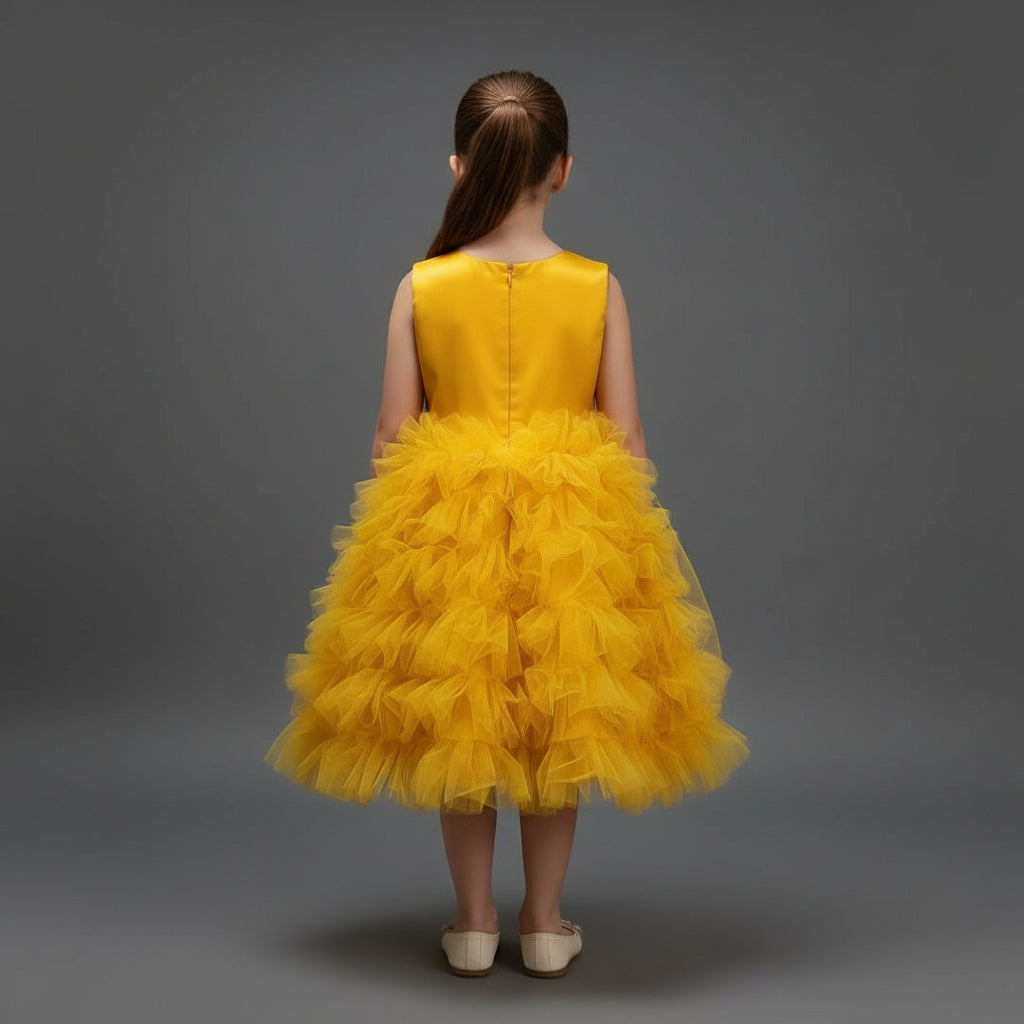 Girls Yellow Layered Net Party Dress with Cotton Lining