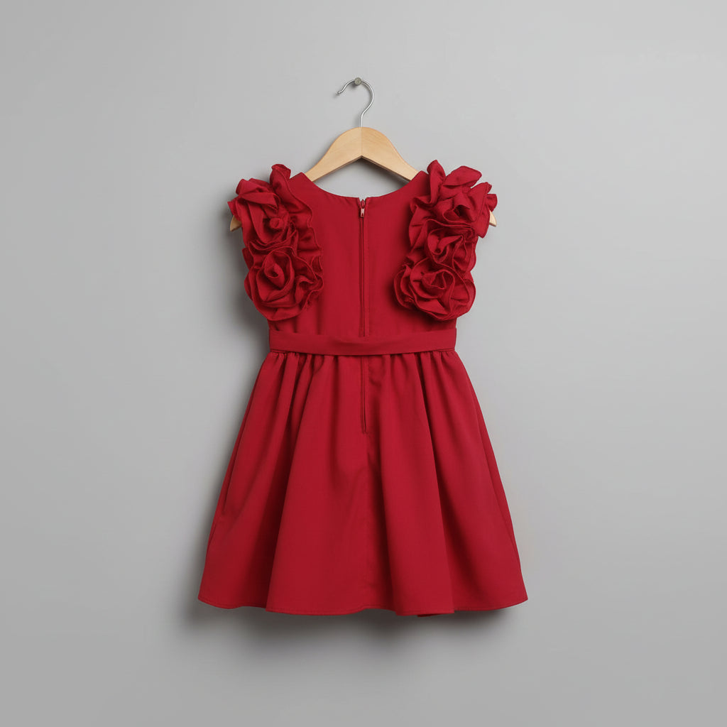 Girls Red Ruffle Sleeve Cotton Viscose Party Dress