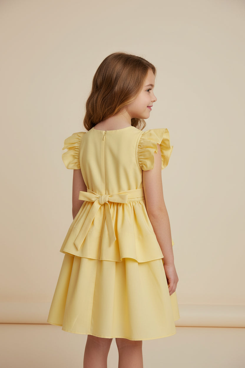 Girls Yellow Silk Party Wear Dress with Bow Detail
