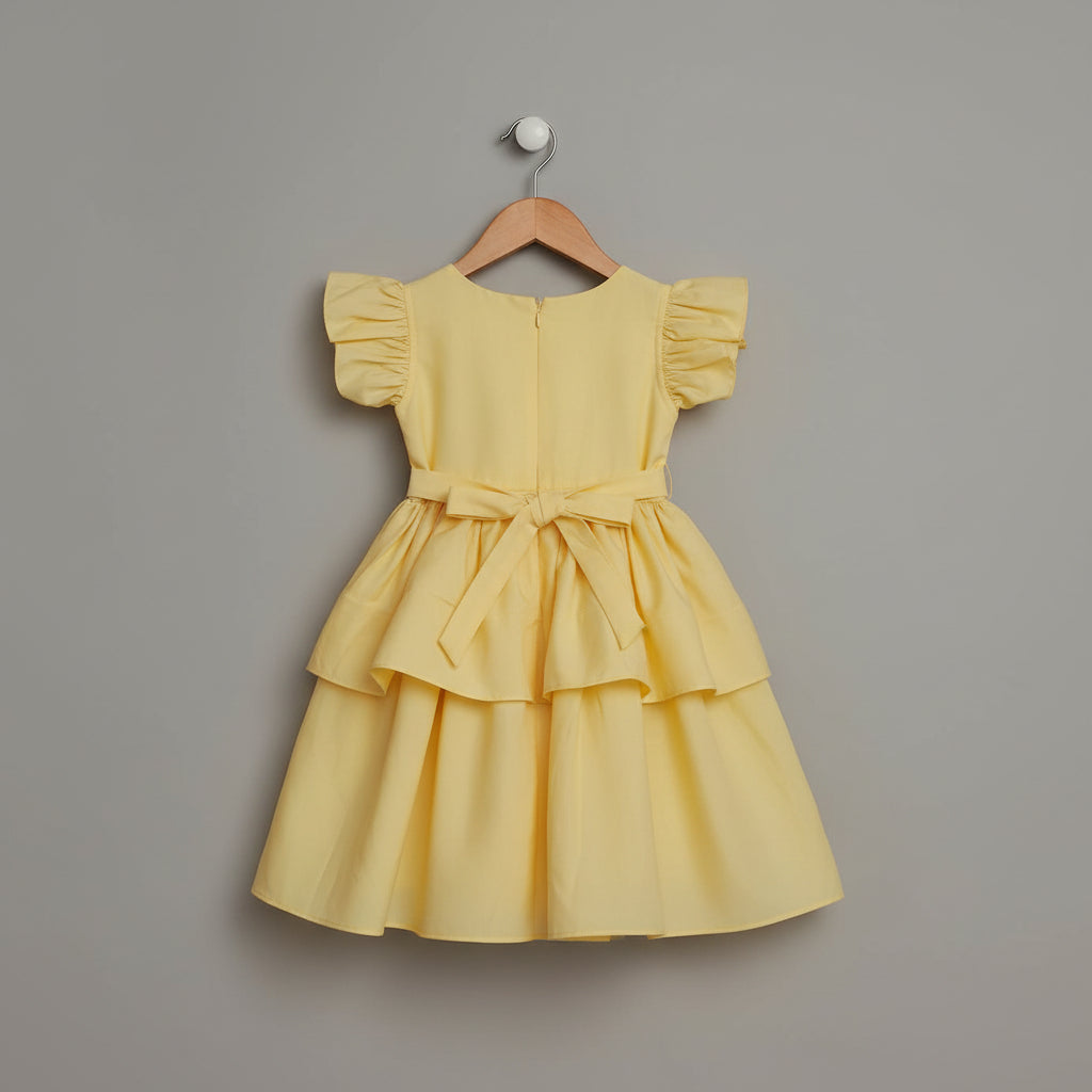Girls Yellow Silk Party Wear Dress with Bow Detail