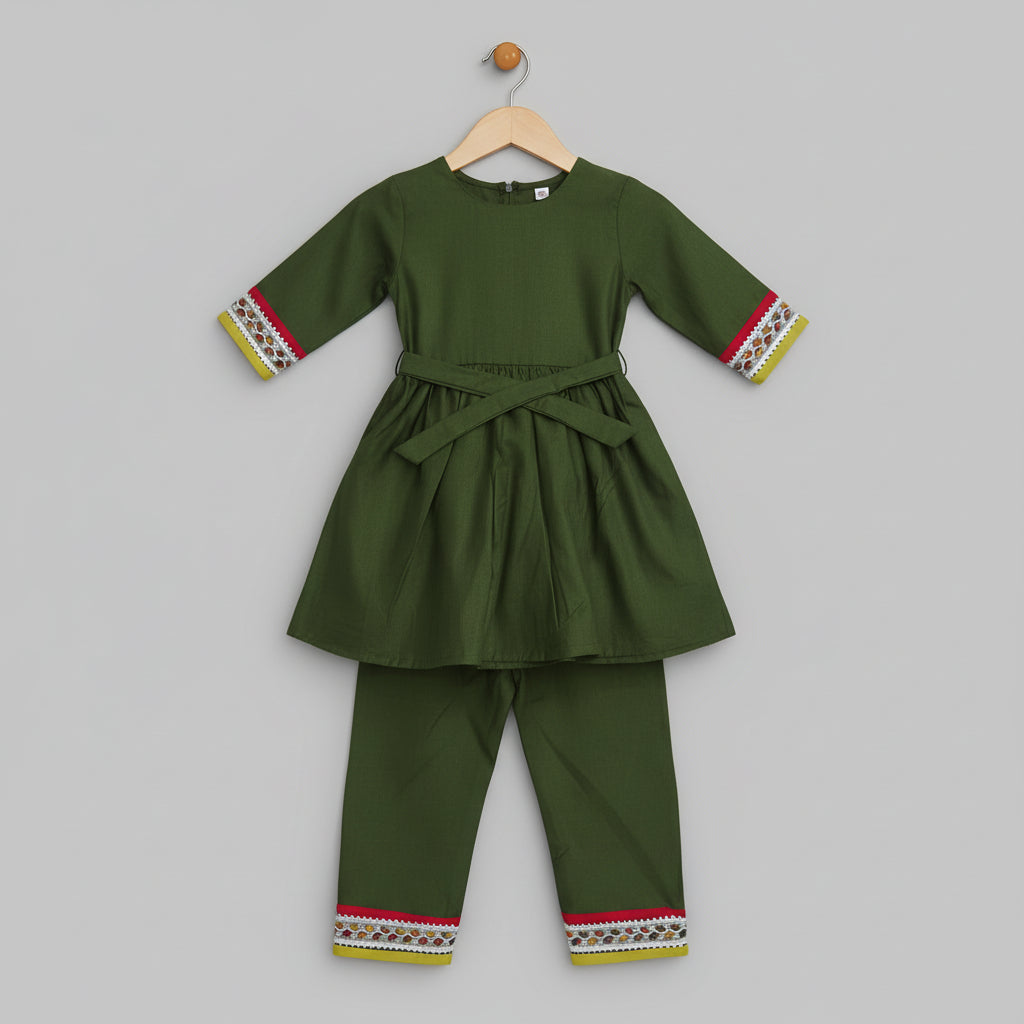 Girls Olive Green Cotton Viscose Kurta Set with Pants