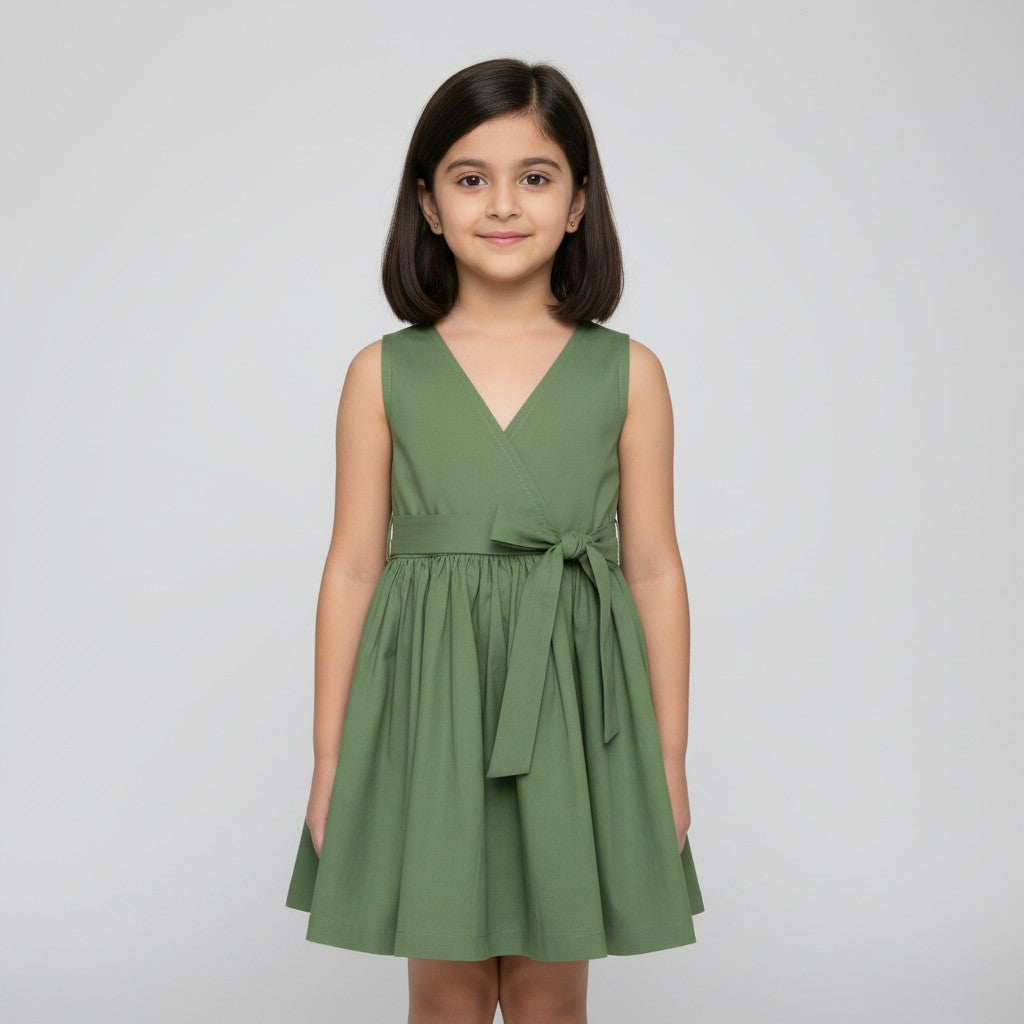 Girls Olive Green Solid Cotton viscose Wrap Dress