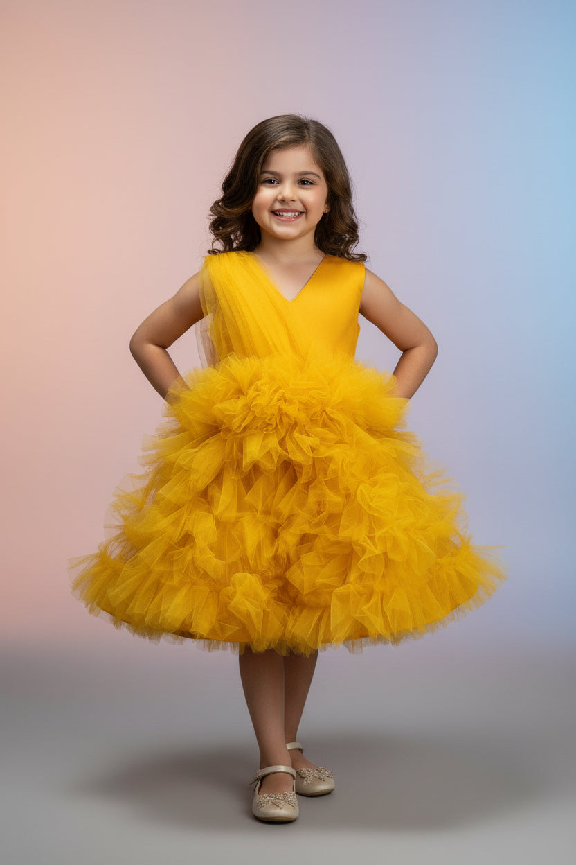 Girls Yellow Layered Net Party Dress with Cotton Lining