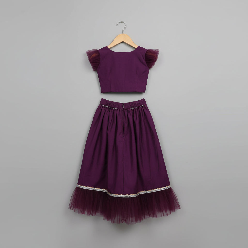 Girls Purple Cotton Viscose Lehenga Choli Set with White Dupatta