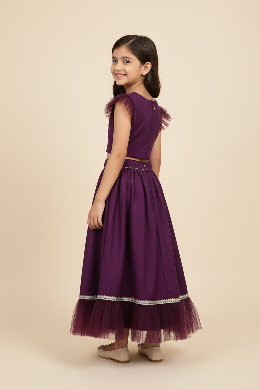 Girls Purple Cotton Viscose Lehenga Choli Set with White Dupatta