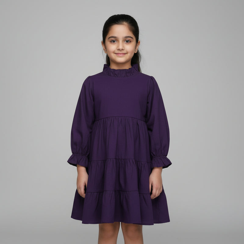Girls Purple Solid Tiered Cotton-Viscose Dress
