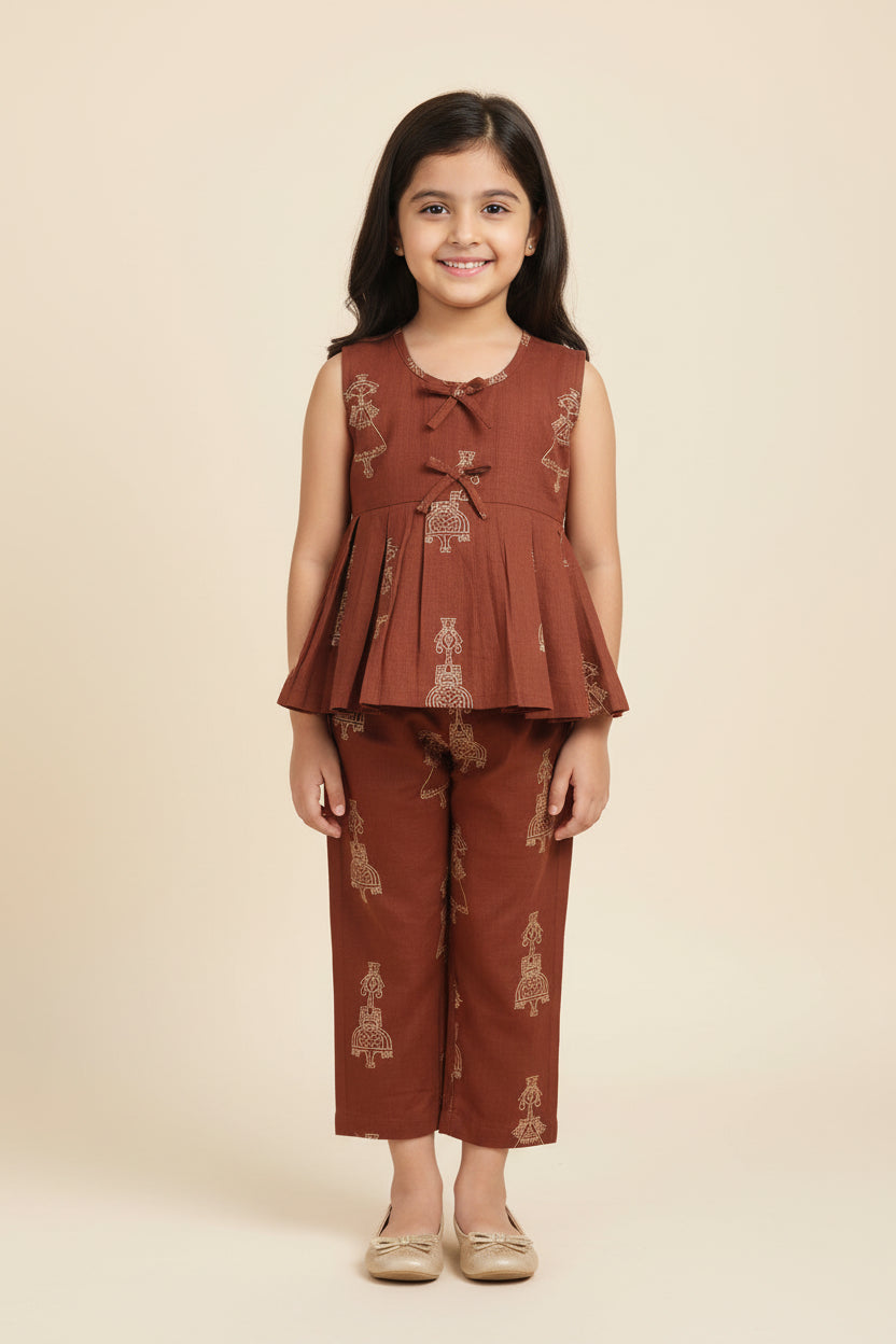 Girls Brown Printed Cotton Peplum Top & Pant Co-ord Set